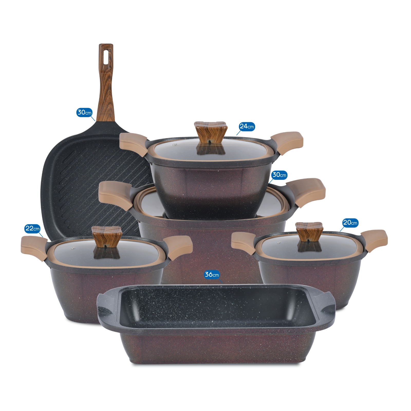 طقم حلل جرانيت نيوكلاين 10 قطع مربع بغطا بايركس بالجريل + طاجن