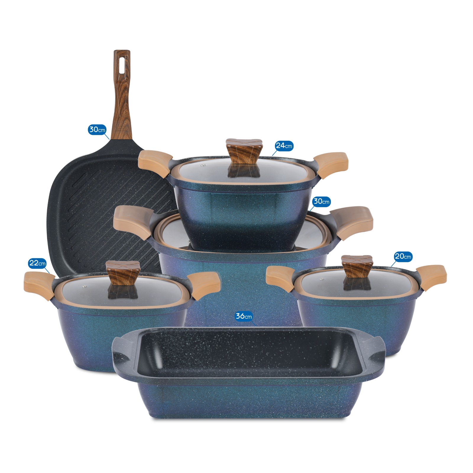 طقم حلل جرانيت نيوكلاين 10 قطع مربع بغطا بايركس بالجريل + طاجن - الصورة 3