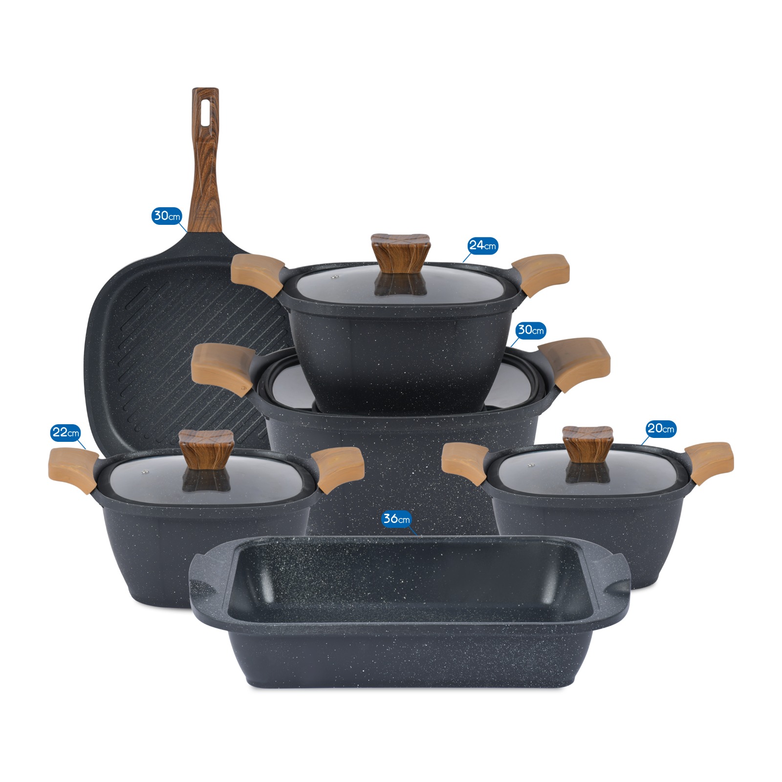 طقم حلل جرانيت نيوكلاين 10 قطع مربع بغطا بايركس بالجريل + طاجن - الصورة 5