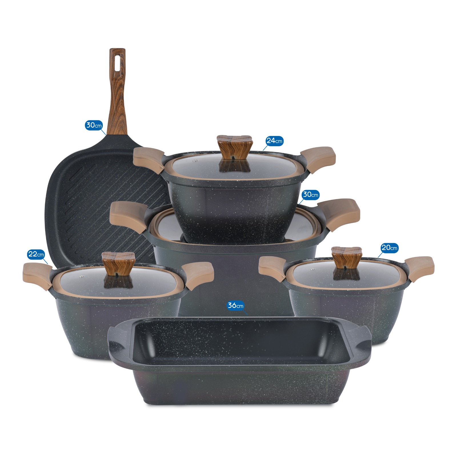 طقم حلل جرانيت نيوكلاين 10 قطع مربع بغطا بايركس بالجريل + طاجن - الصورة 6